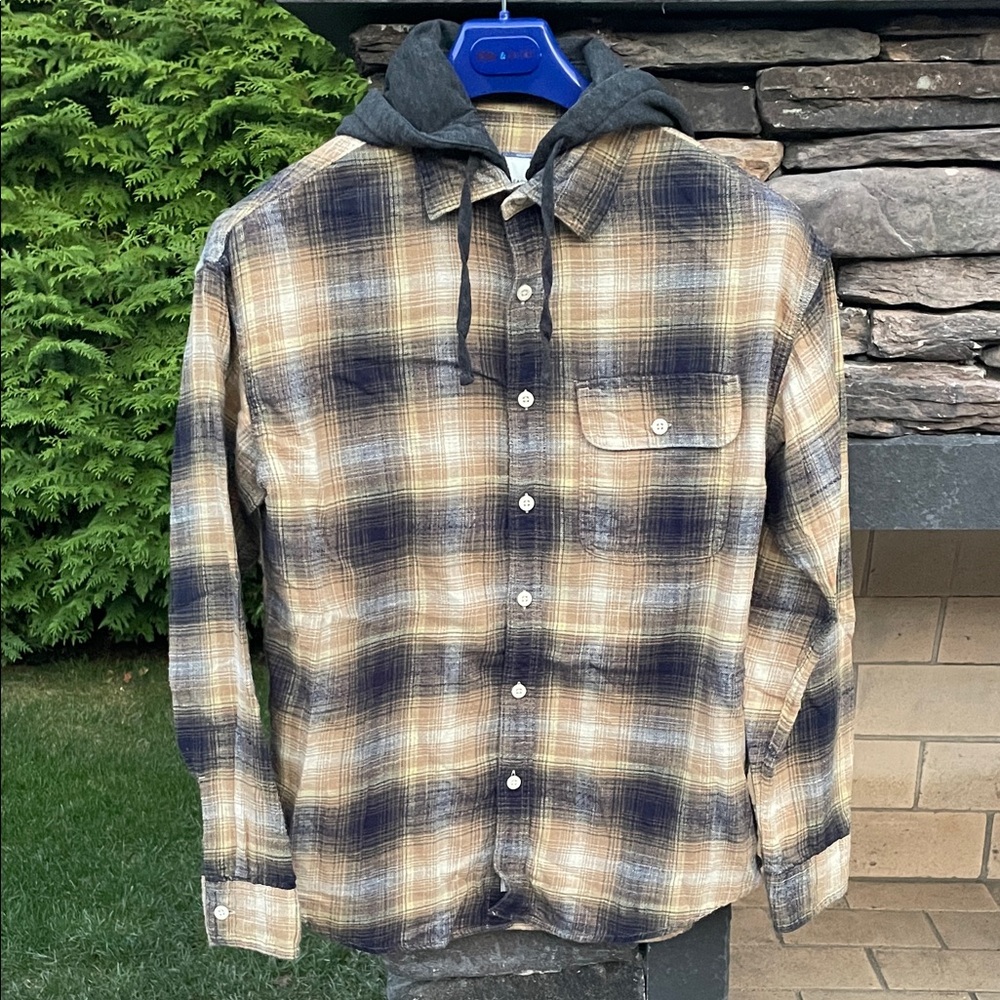 American Eagle Outfitters Plaid Flannel Hoodie - Brown, Tan and Black